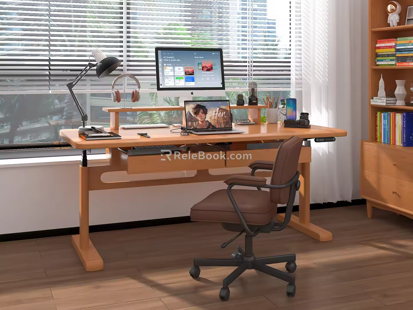 Modern office log style table and chair combination solid wood intelligent electric lifting table 3d model