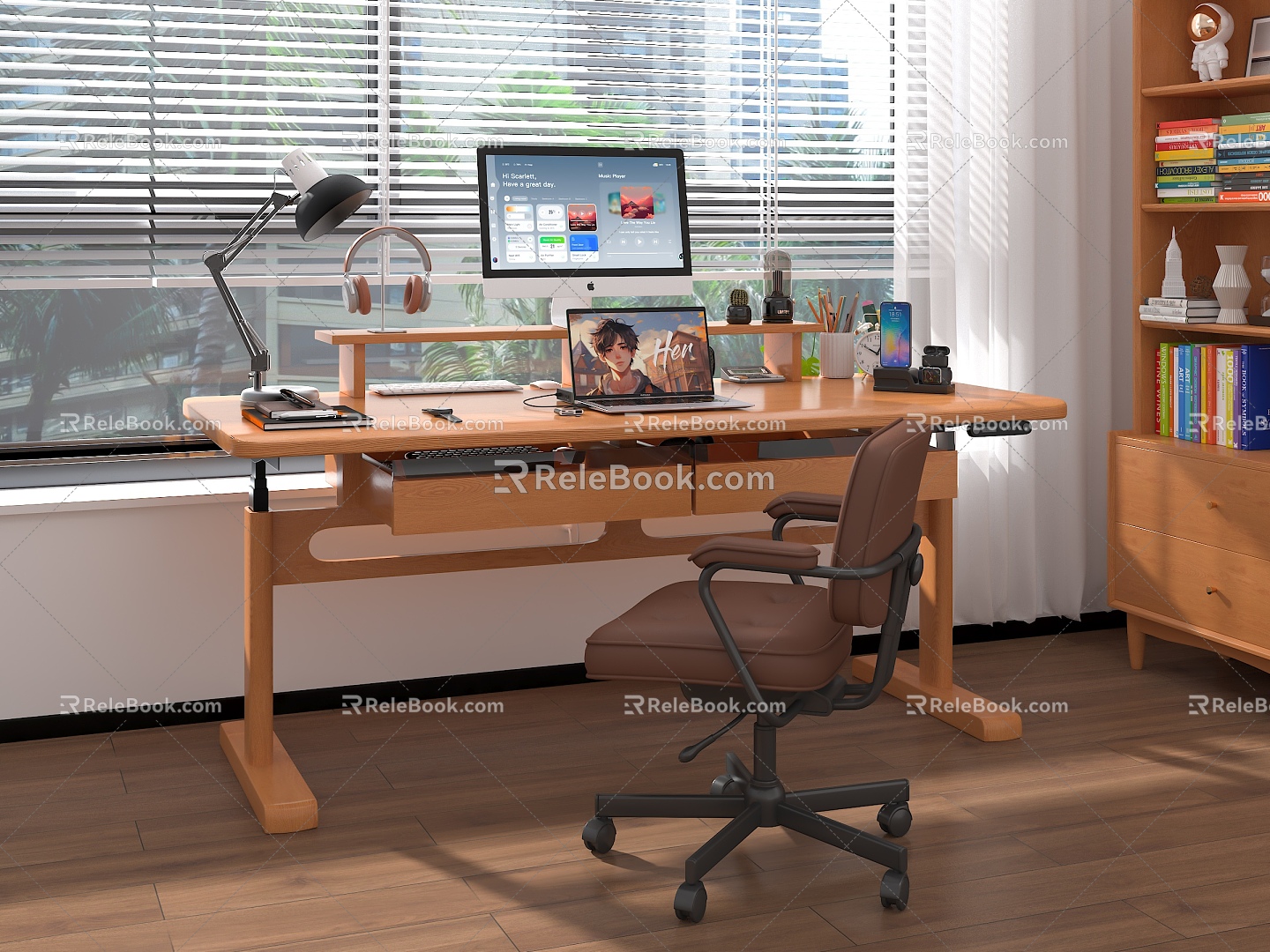 Modern office log style table and chair combination solid wood intelligent electric lifting table 3d model