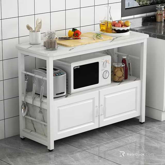Modern White Kitchen Storage Shelf With Cabinet Doors For Microwave Utensils Fruits Vegetables 3d model 