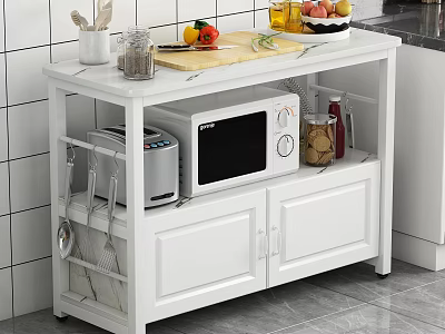 Modern White Kitchen Storage Shelf With Cabinet Doors For Microwave Utensils Fruits Vegetables 3d model