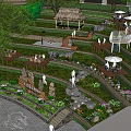 Rural Landscape With Terraced Green Areas Wooden Tables Thatched Pavilion White Umbrellas And Stone Paths