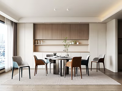 Modern Dining Room Interior Design With Dining Table Chairs Wooden Cabinets Window And Plant 3d model