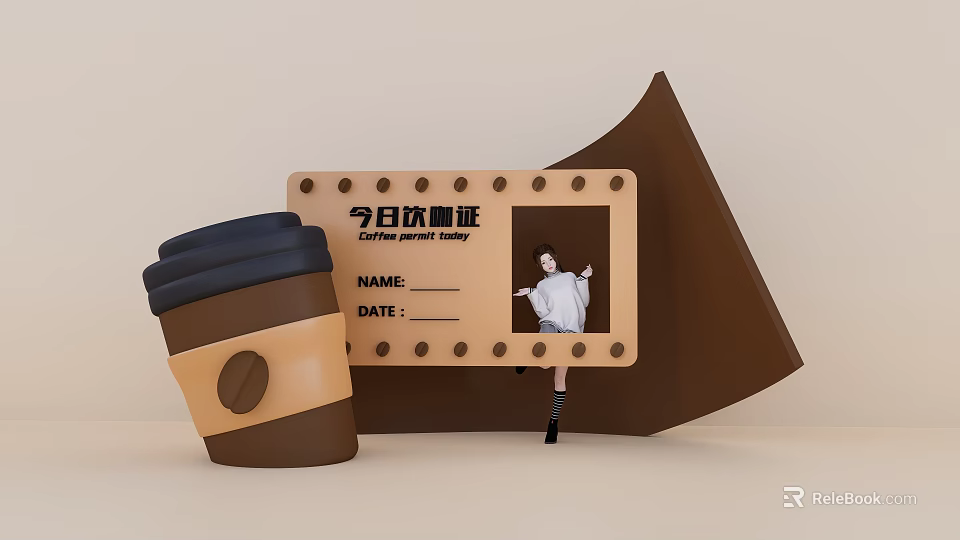 Popular Photo Check-in Spot With Today's Coffee Card Coffee Cup And Cardboard Cutout Figure 3d model 