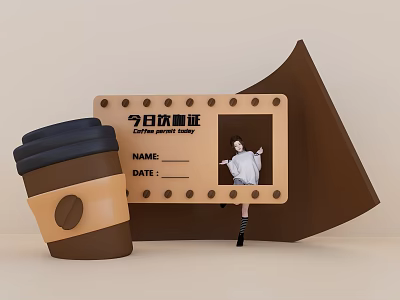 Popular Photo Check-in Spot With Today's Coffee Card Coffee Cup And Cardboard Cutout Figure 3d model