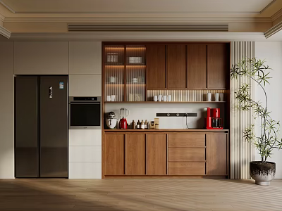 Modern Wooden Sideboard Design With Glass Doors Red Coffee Makers And Potted Plant 3d model