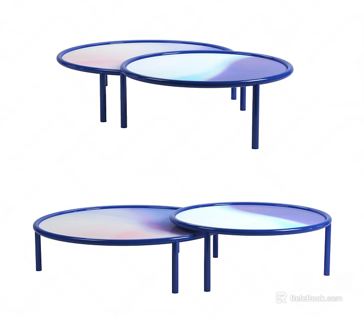 Pair Of Round Coffee Tables With Blue Legs And Iridescent Reflective Tops For Modern Living Space 3d model 