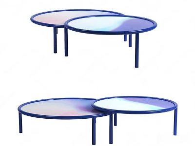 Pair Of Round Coffee Tables With Blue Legs And Iridescent Reflective Tops For Modern Living Space 3d model