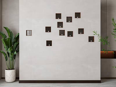 Modern Light Colored Background Wall With Square Niches And Green Plants 3d model