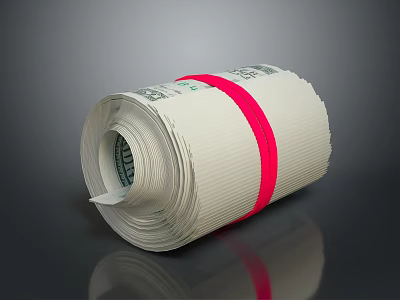 Detailed Rolled Dollar Bills Sculpture Carving Tied With Red Band Decoration 3d model