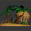 Commercial Tropical Themed Decorative Equipment With Thatched Hut Palm Trees And Boat
