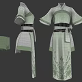 Traditional Style Clothes with White and Light Green Design Short Sleeves Belt and Floral Patterns
