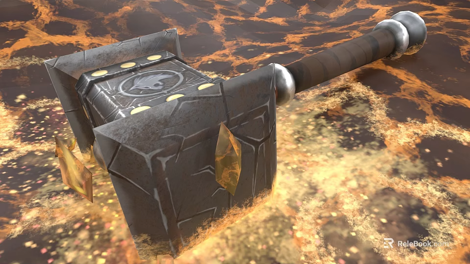 Black Hammer With Golden Decorations And Gems On Lava Texture Background 3d model 