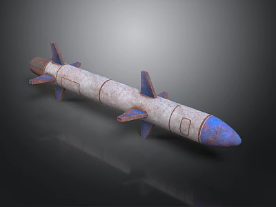 Rusty Military Missile Model with Blue Tip and Multiple Fins on Dark Background 3d model