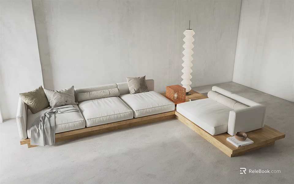 Modern Minimalist Sofa and Coffee Table Set with Beige Pillows Wooden Frame and Throw Blanket 3d model 