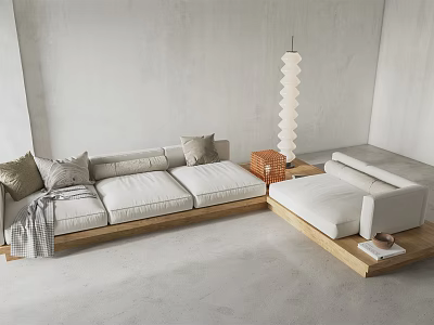 Modern Minimalist Sofa and Coffee Table Set with Beige Pillows Wooden Frame and Throw Blanket 3d model