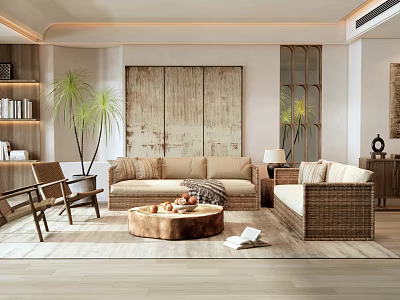 Modern Natural Living Room Interior Design With Rattan Sofa Wooden Coffee Table And Potted Plants 3d model
