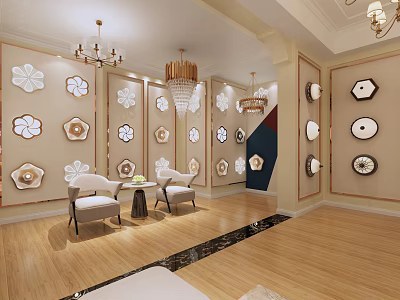 Elegant Decorative Plate Specialty Store Interior With Various Shapes Wall Decor Wooden Flooring And Chandeliers 3d model