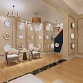 Elegant Decorative Plate Specialty Store Interior With Various Shapes Wall Decor Wooden Flooring And Chandeliers
