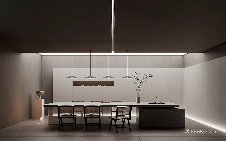 Modern Minimalist Restaurant Interior With Long Dining Table Chairs Pendant Lights And Plant Decor 3d model 