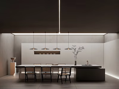 Modern Minimalist Restaurant Interior With Long Dining Table Chairs Pendant Lights And Plant Decor 3d model
