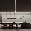 Modern Minimalist Restaurant Interior With Long Dining Table Chairs Pendant Lights And Plant Decor