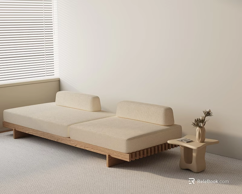 Three Seater Sofa with Wooden Base Small Side Table Featuring Plant Near Window Blinds 3d model 