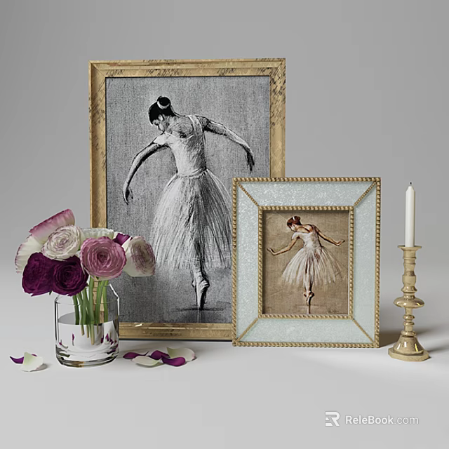 Abstract Painting of Ballet Dancer with Framed Artwork Flowers Vase and Candle Holder 3d model 