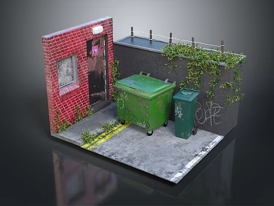 Urban Brick Building Exterior With Red Wall Door Green Trash Bins Graffiti And Climbing Plants 3d model