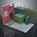Urban Brick Building Exterior With Red Wall Door Green Trash Bins Graffiti And Climbing Plants