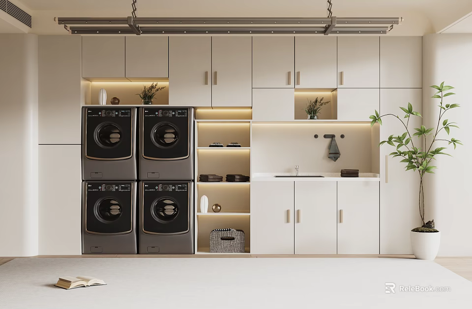 Modern Laundry Room Interior With Washing Machines Dryers White Cabinets And Potted Plant 3d model 