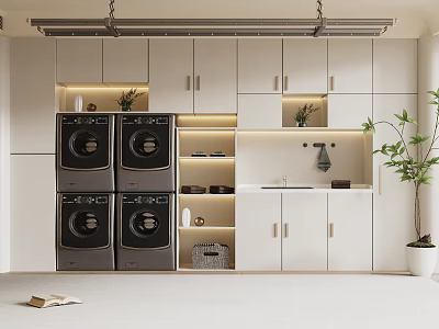 Modern Laundry Room Interior With Washing Machines Dryers White Cabinets And Potted Plant 3d model