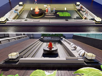 Modern Outdoor Sofa In Fire Pit Seating Area With Green Plants And Lanterns 3d model