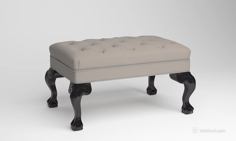 Beige Tufted Ottoman Bench With Black Carved Legs And Soft Upholstery 3d model 