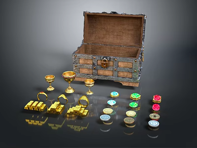 Decorative Ornament Set Featuring Open Treasure Chest Golden Goblets Coins Rings and Colorful Gemstones 3d model