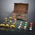 Decorative Ornament Set Featuring Open Treasure Chest Golden Goblets Coins Rings and Colorful Gemstones