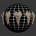 3D Model Sphere With Black Grid Surface And Golden Mask Like Ornaments
