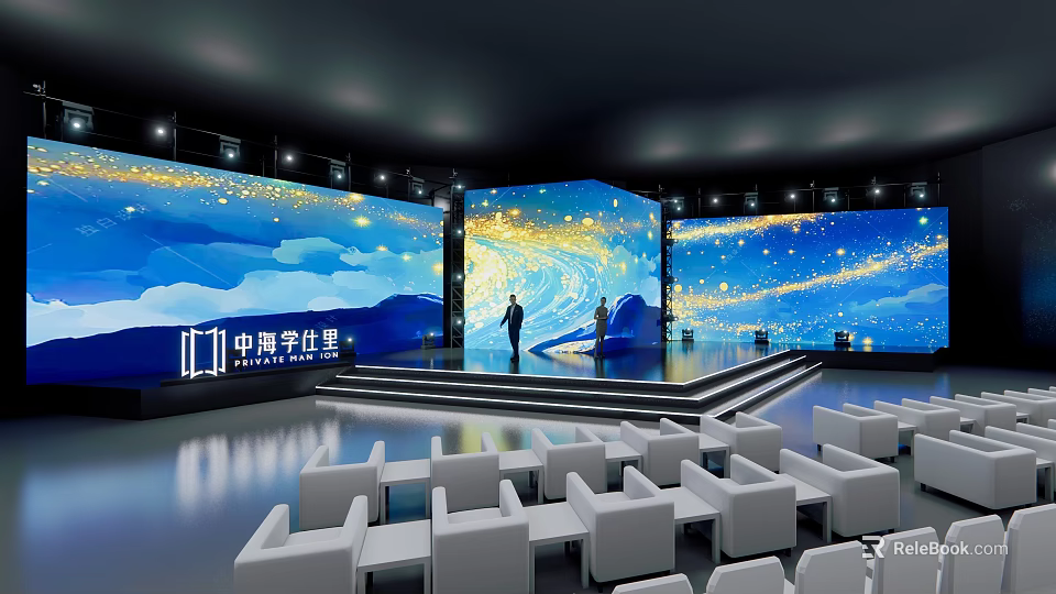 Spacious Stage With Large LED Screens Starry Sky Mountain Patterns Person Standing And White Seats 3d model 