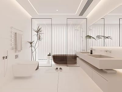 Modern Luxury White Bathroom Interior With Glass Partition Bathtub Double Vanity Plants And Mirror 3d model