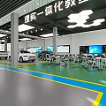 Modern Car Dealership Showroom With Multiple Cars Display Screens And Tables Chairs