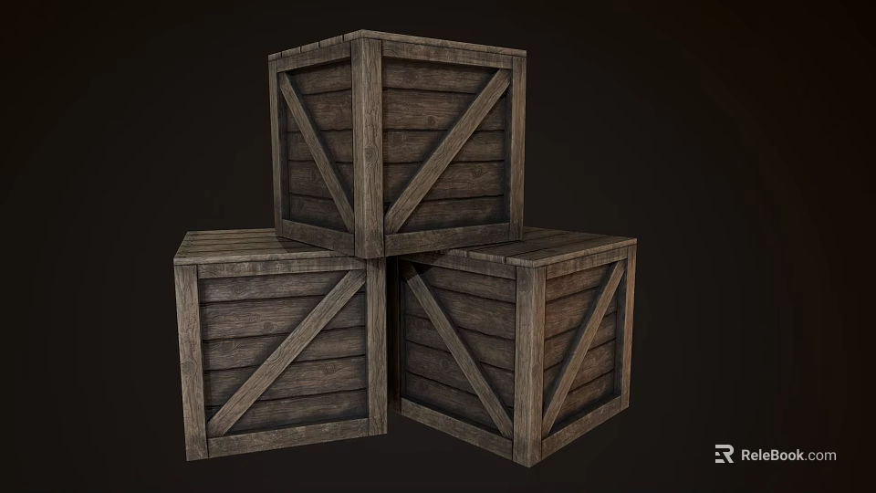 Three Stacked Wooden Crates with Sturdy Crossed Planks and Rustic Design 3d model 