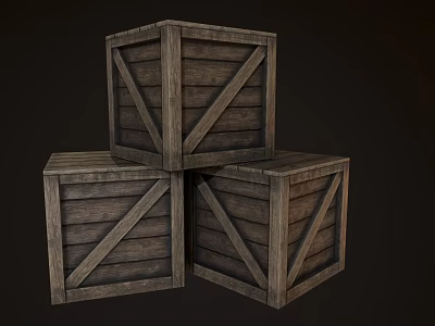 Three Stacked Wooden Crates with Sturdy Crossed Planks and Rustic Design 3d model