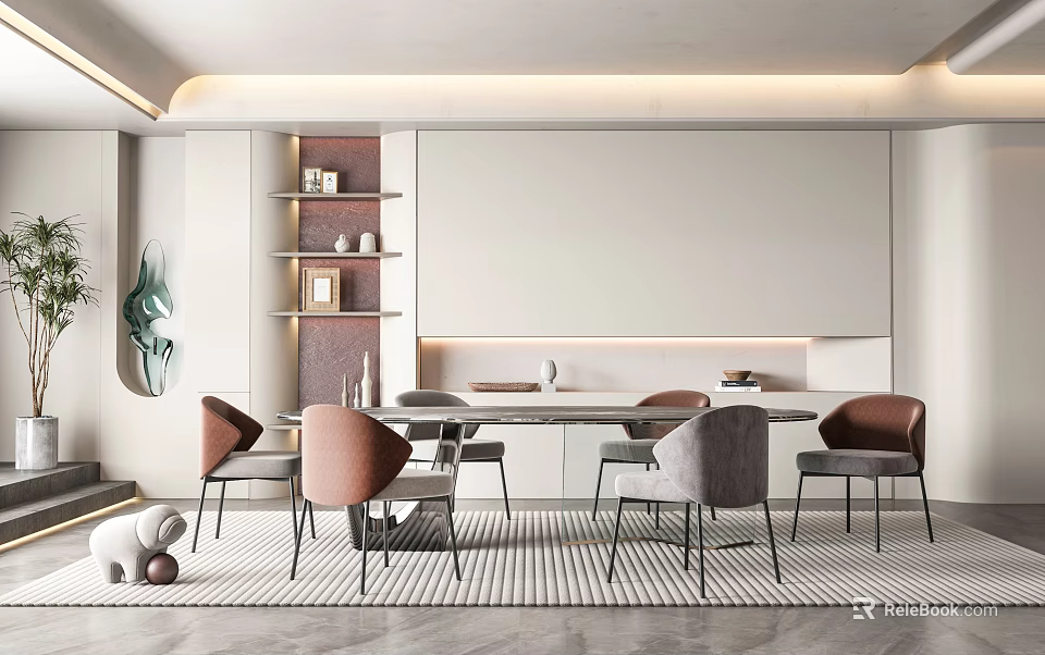 Modern Restaurant Interior Design With Round Dining Table Gray Chairs And Warm Lighting Decor 3d model 