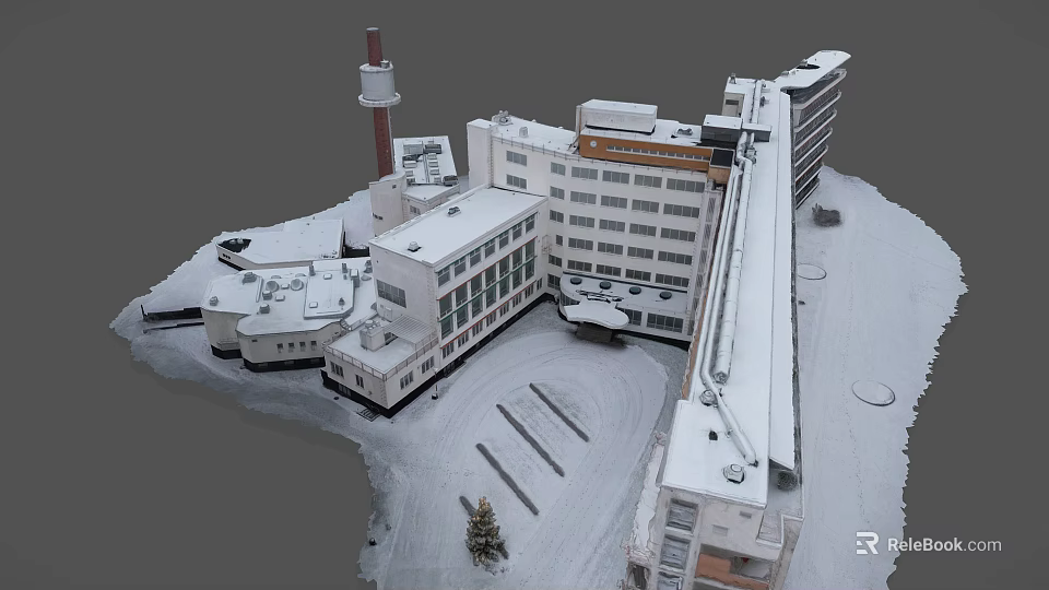 Aerial View of Snow Covered Building Complex with Tower and Parking Lot 3d model 