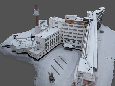 Aerial View of Snow Covered Building Complex with Tower and Parking Lot 3d model