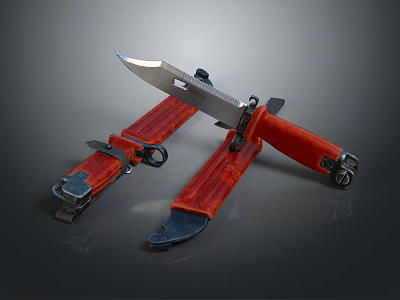 Sharp Tactical Knife With Red Handle And Metal Sheath Design Features 3d model