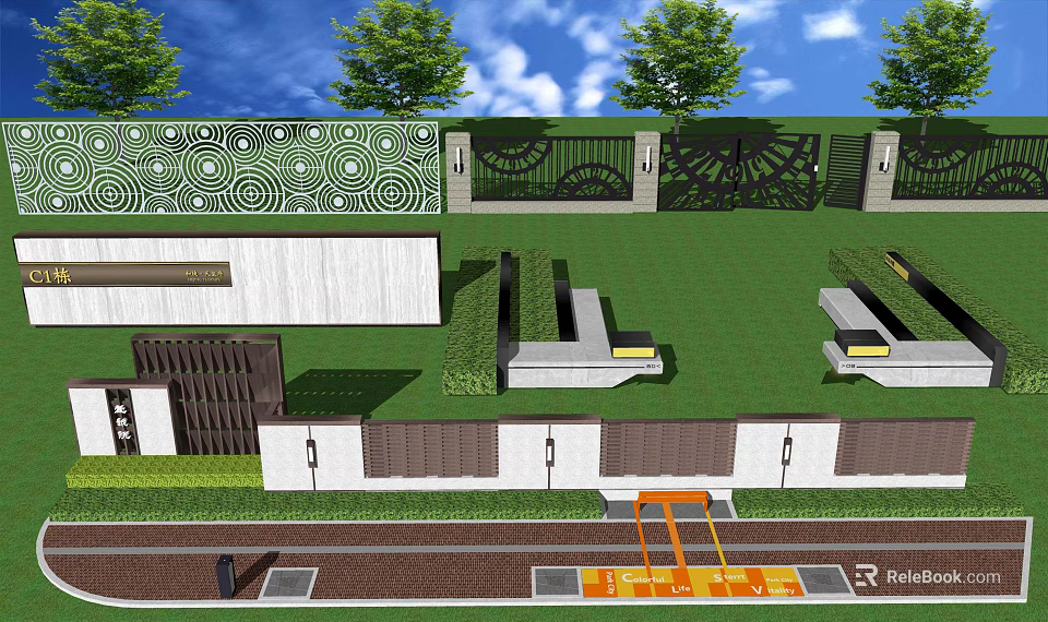 Feature Wall Design With Geometric Patterns Green Plants And Lawn Landscape Elements 3d model 