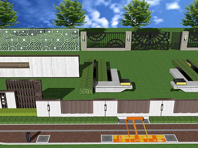 Feature Wall Design With Geometric Patterns Green Plants And Lawn Landscape Elements 3d model