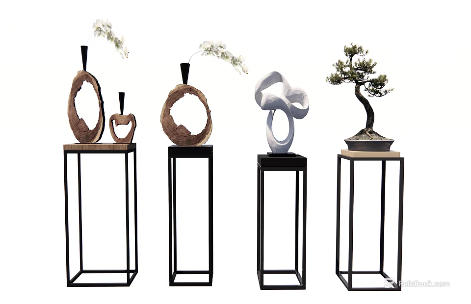 Modern Black Metal Plant Stands With Wooden Ring Decor White Sculpture And Bonsai Tree 3d model 