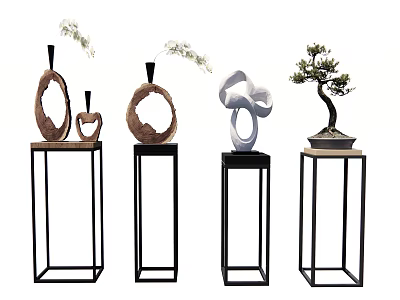 Modern Black Metal Plant Stands With Wooden Ring Decor White Sculpture And Bonsai Tree 3d model