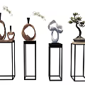 Modern Black Metal Plant Stands With Wooden Ring Decor White Sculpture And Bonsai Tree